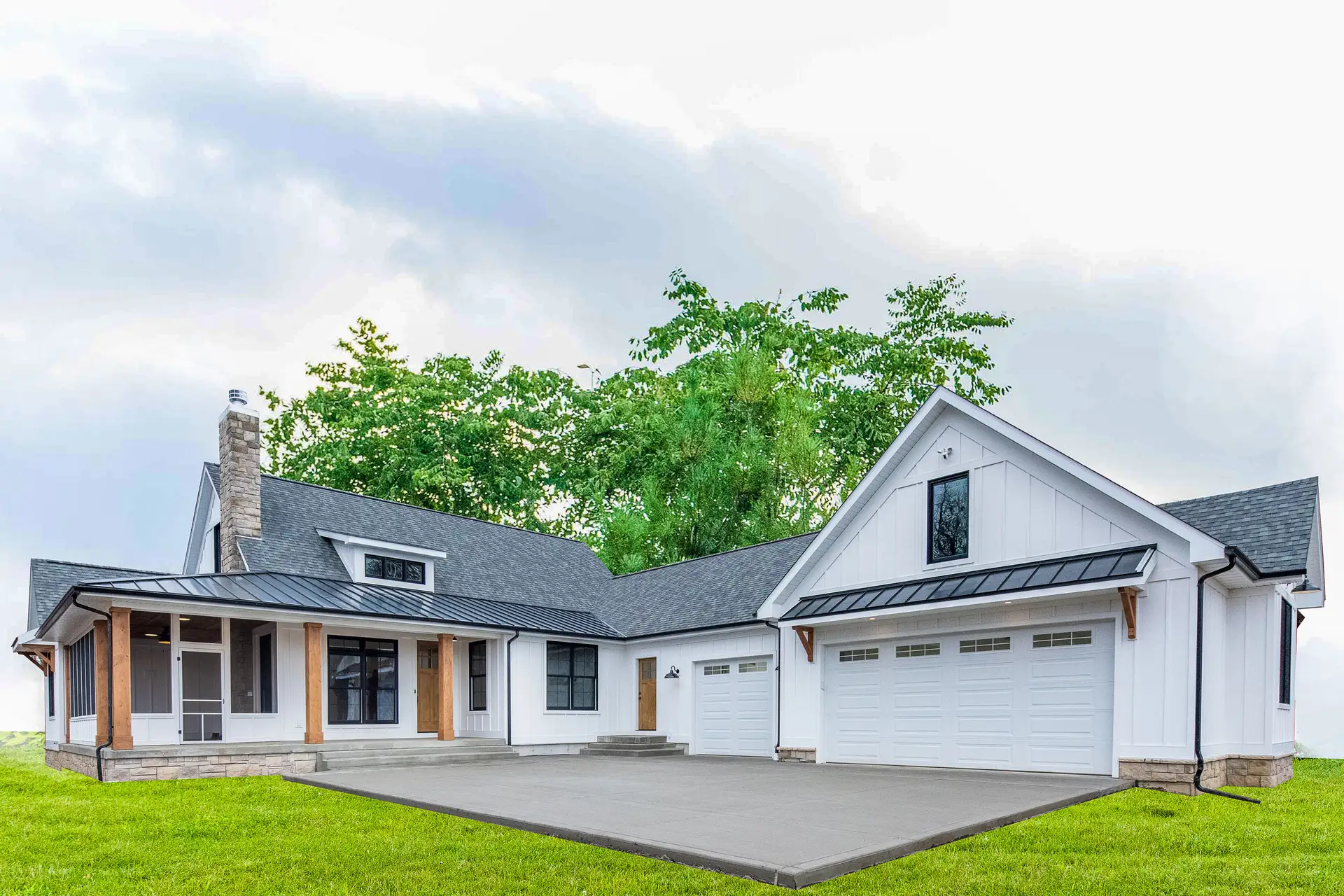 White farmhouse with covered front porch