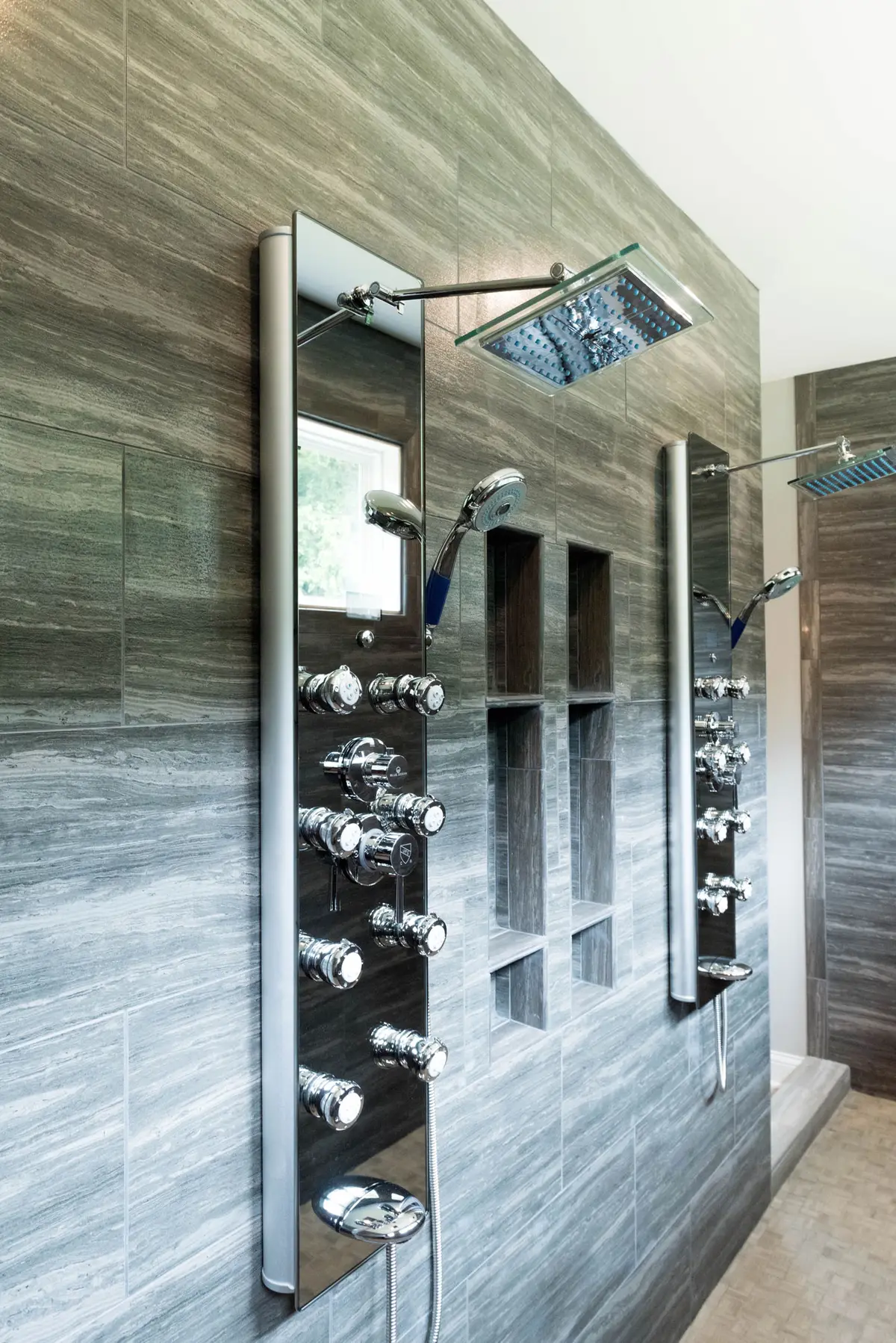 Walk-in tiled shower with body sprays