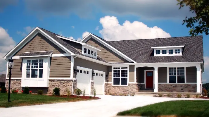Craftsman ranch with stone wainscot, shake gables and a red front door
